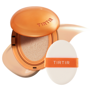 TIRTIR Mask Fit AI Filter Cushion, matujący podkład w pomarańczowym kompakcie z beżowym wkładem i białym puszkiem, widok z góry.