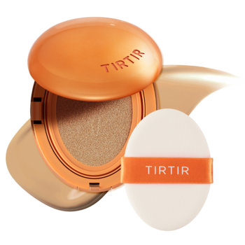 Otwarty pomarańczowy podkład TIRTIR Mask Fit AI Filter Cushion 29N Natural Beige, matowy, z gąbeczką, widok z góry.