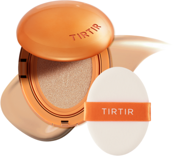 TIRTIR Mask Fit AI Filter Cushion, otwarty pomarańczowy kompakt z beżowym matującym podkładem i białym puszkiem.
