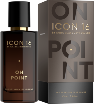 Męska woda perfumowana On Point ICON 16 w czarnej butelce obok brązowego pudełka, widok z przodu.