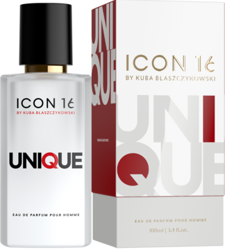 Woda perfumowana męska ICON16 Unique by Kuba Błaszczykowski: przezroczysta butelka i białe pudełko z czerwonym logo.
