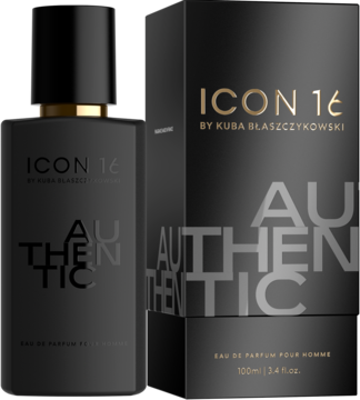 Czarne perfumy męskie ICON16 Authentic w prostokątnej butelce obok dopasowanego kartonowego pudełka.