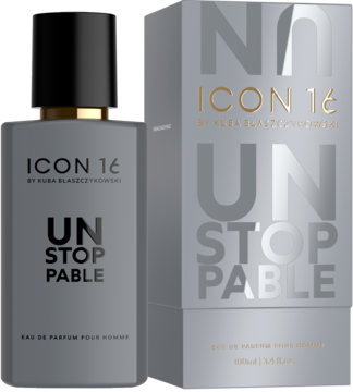 Męska woda perfumowana Unstoppable ICON 16 by Kuba Błaszczykowski: szara butelka i pudełko, widok z przodu.