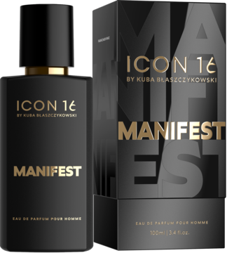 Czarna woda perfumowana Manifest ICON 16 by Kuba Błaszczykowski, butelka i pudełko ze złotymi detalami, widok z przodu.
