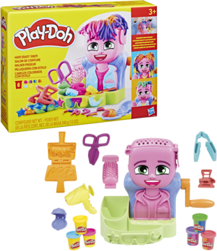 Zestaw fryzjerski Play-Doh: pudełko i różowa głowa do stylizacji z akcesoriami do włosów z ciastoliny.