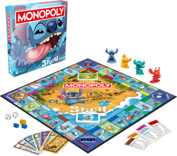 Monopoly Stitch, gra planszowa: pudełko, diamentowa plansza plażowa, kolorowe pionki Stitcha, pieniądze, akcesoria.