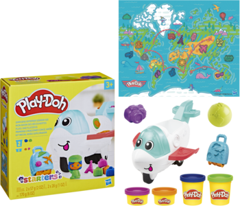 Play-Doh Starters Samolot Odkrywcy: żółte pudełko, biały samolot, 4 pojemniki ciastoliny, akcesoria i mapa świata.