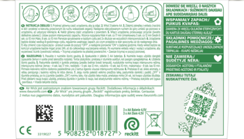 Tył zielonego opakowania wegańskiego produktu do włosów, z instrukcjami w kilku językach, kodem QR i symbolami recyklingu.