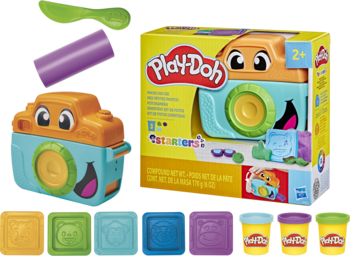 Play-Doh Starters Fotozabawa. Zestaw z niebiesko-pomarańczowym aparatem do odcisków, 5 foremek i ciastoliną.