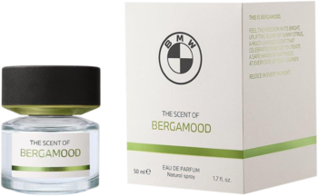 BMW The Scent of Bergamood, woda perfumowana 50ml. Przezroczysta butelka i białe pudełko, cytrusowa bergamotka.