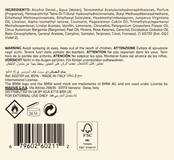 Tył opakowania perfum BMW Amberness EDP, widoczna lista składników, ostrzeżenia, kod kreskowy, symbol FSC.
