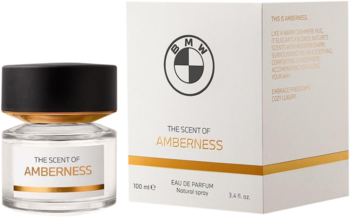 BMW The Scent of Amberness Eau de Parfum 100ml, butelka i białe pudełko z logo, widok z przodu.
