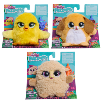 Trzy pluszaki FurReal Fuzzalots w pudełkach: żółty kurczak, beżowa owca i brązowy szczeniak. Widok z przodu.