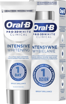 Biała pasta do zębów Oral-B Pro-3D White Clinical Intensive Whitening w tubce obok kartonika, widok z przodu.