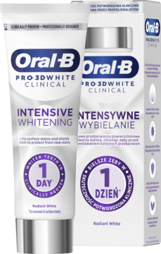 Oral-B Pro-3D White Clinical Intensive Whitening, biała tubka pasty i pudełko, napis "1 DZIEŃ", widok z przodu.