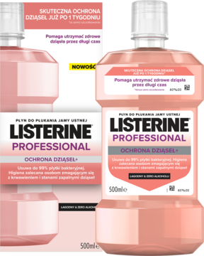 Dwie butelki Listerine Professional Ochrona Dziąseł+, płyn do płukania ust, różowy płyn 500 ml, widok z przodu.