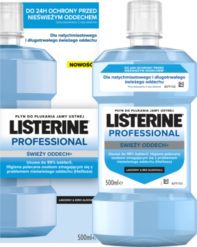 Listerine Professional Świeży Oddech+ płyn do ust, niebieska butelka 500ml, front, etykieta '24H ochrony, bez alkoholu'.