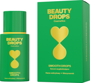 Zielone serum BEAUTY DROPS Smooth Drops z kwasem salicylowym i niacynamidem, matujące, obok pudełka.