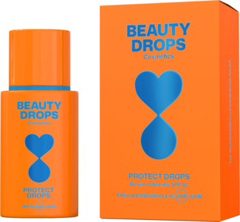Beauty Drops Protect Drops serum SPF 50 w pomarańczowej butelce i pudełku, z niebieskim logo klepsydry.