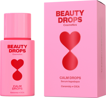 Różowe serum BEAUTY DROPS CALM DROPS Ceramidy + CICA w butelce i kartoniku, widok z przodu na jasnym tle.