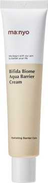 Biało-beżowa tubka ma:nyo Bifida Biome Aqua Barrier Cream, nawilżającego kremu barierowego, widok z przodu.