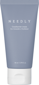 Needly Crossbarrier krem nawilżający 80ml, szaro-niebieska tubka z Eco Ceramide x Panthenol, widok z przodu.