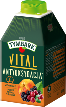 Tymbark Vital Antyoksydacja, ciemnozielony karton soku wieloowocowego z witaminą E, jabłkiem, aronią, żurawiną, widok z przodu.
