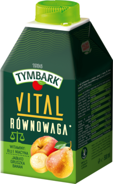 Tymbark Vital Równowaga 500ml, zielony napój wieloowocowy jabłko, gruszka, banan z witaminami, widok przód.