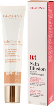 Clarins Skin Illusion Tinted Moisturizer SPF 25 w tubce i opakowaniu, odcień 03, widok z przodu.