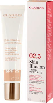 Biała tubka Clarins Skin Illusion Tinted Moisturizer SPF 25, odcień 02.5, obok kartonowego opakowania.