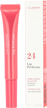 Clarins Lip Perfector Fuchsia Glow, różowy błyszczyk z masłem shea w tubce obok białego pudełka, widok z przodu.