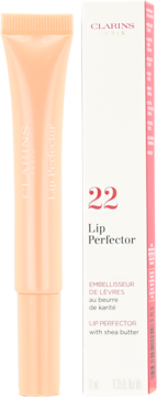 Clarins Lip Perfector 22 Peach Glow, błyszczyk do ust z masłem shea w brzoskwiniowej tubce i pudełku.