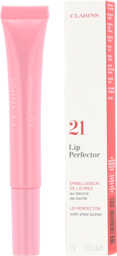 Różowy błyszczyk Clarins Lip Perfector 21 z masłem shea w tubce i białe opakowanie, przód.