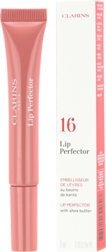 Różowy błyszczyk Clarins Lip Perfector 16 z masłem shea w tubce i białym kartoniku, widok z przodu.