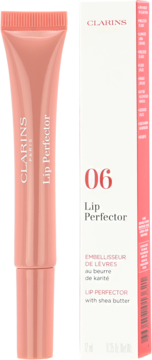 Clarins Lip Perfector 06 Rosewood Shimmer: delikatny błyszczyk w różowej tubce i białym pudełku, widok z przodu.