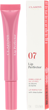 Różowa tubka Clarins Lip Perfector 07 z masłem shea obok białego opakowania, widok z przodu.