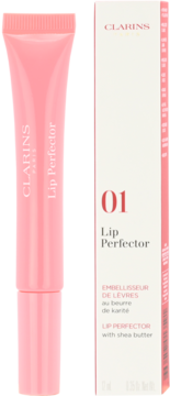 Różowy błyszczyk Clarins Lip Perfector 01 z masłem shea w tubce i jego pudełko, widok z przodu.