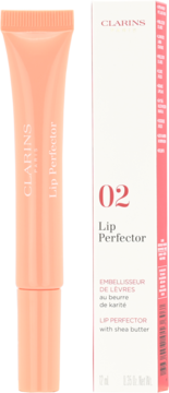 Clarins Lip Perfector 02 z masłem shea: brzoskwiniowa tubka błyszczyka i białe pudełko, widok z przodu.