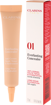 Korektor Clarins Everlasting Concealer 01 Light. Beżowa tubka i białe pudełko. Długotrwałe krycie, nawilżenie, widok przód.