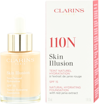 Clarins Skin Illusion 110N Natural Hydrating Foundation w butelce z pipetą obok białego pudełka, beżowy, SPF 15.