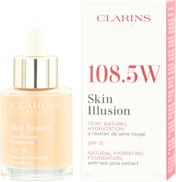 Clarins Skin Illusion podkład nawilżający SPF 15, odcień 108.5W, w szklanej butelce i pudełku, widok z przodu.