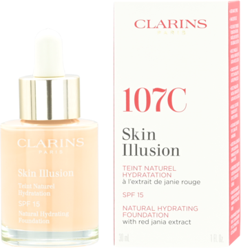 Podkład nawilżający Clarins Skin Illusion 107C Beige SPF 15 w butelce z pipetą i białym kartonie.