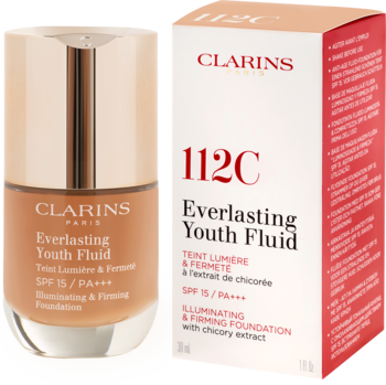 Rozświetlający podkład Clarins Everlasting Youth Fluid 112C SPF15. Szklana butelka z pompką i czerwone opakowanie.