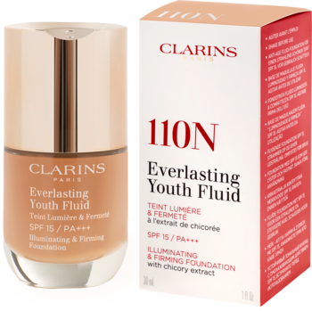 Rozświetlająco-ujędrniający podkład Clarins Everlasting Youth Fluid 110N w butelce i pudełku, SPF15.