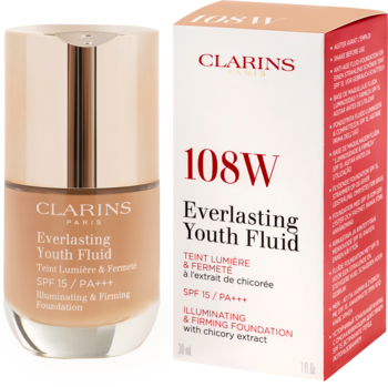 Rozświetlający podkład Clarins Everlasting Youth Fluid 108W, beżowa butelka i biało-czerwony kartonik, widok przód.