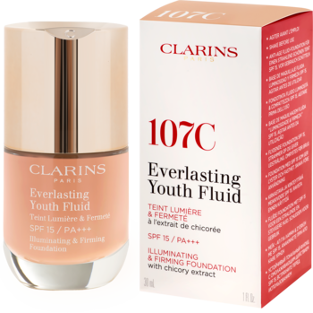 Podkład Clarins Everlasting Youth Fluid 107C SPF15 w szklanej butelce z beżowym płynem, obok opakowanie, widok z przodu.