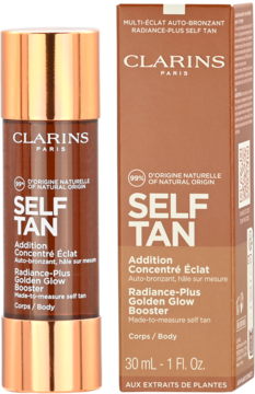 Clarins Self Tan Radiance-Plus Golden Glow, koncentrat samoopalający 30ml w brązowej butelce i pudełku, widok z przodu.