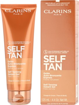 Clarins Self Tan Instant Gel, tuba i pudełko, widok z przodu. Pomarańczowo-brązowy samoopalacz do twarzy i ciała.