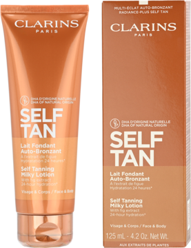 Clarins Self Tan samoopalający balsam w brązowej tubie i pudełku, widok z przodu i z boku, białym tekstem.