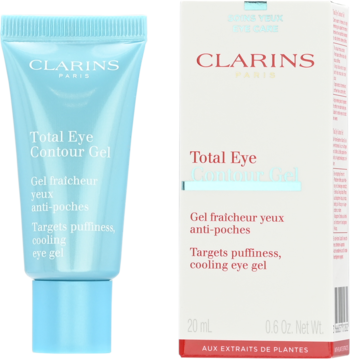 Clarins Total Eye Contour Gel, jasnoniebieska tubka i białe opakowanie kartonowe, widok z przodu. Chłodzący żel pod oczy.